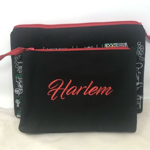 Beyond Cushions Embroidered NYC Harlem Map Makeup Bag Collection Set of 2 Black - Picture 1 of 10